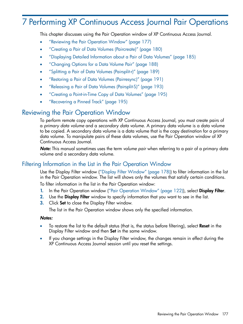 Reviewing the pair operation window, Filtering | HP XP Continuous Access Software User Manual | Page 177 / 245