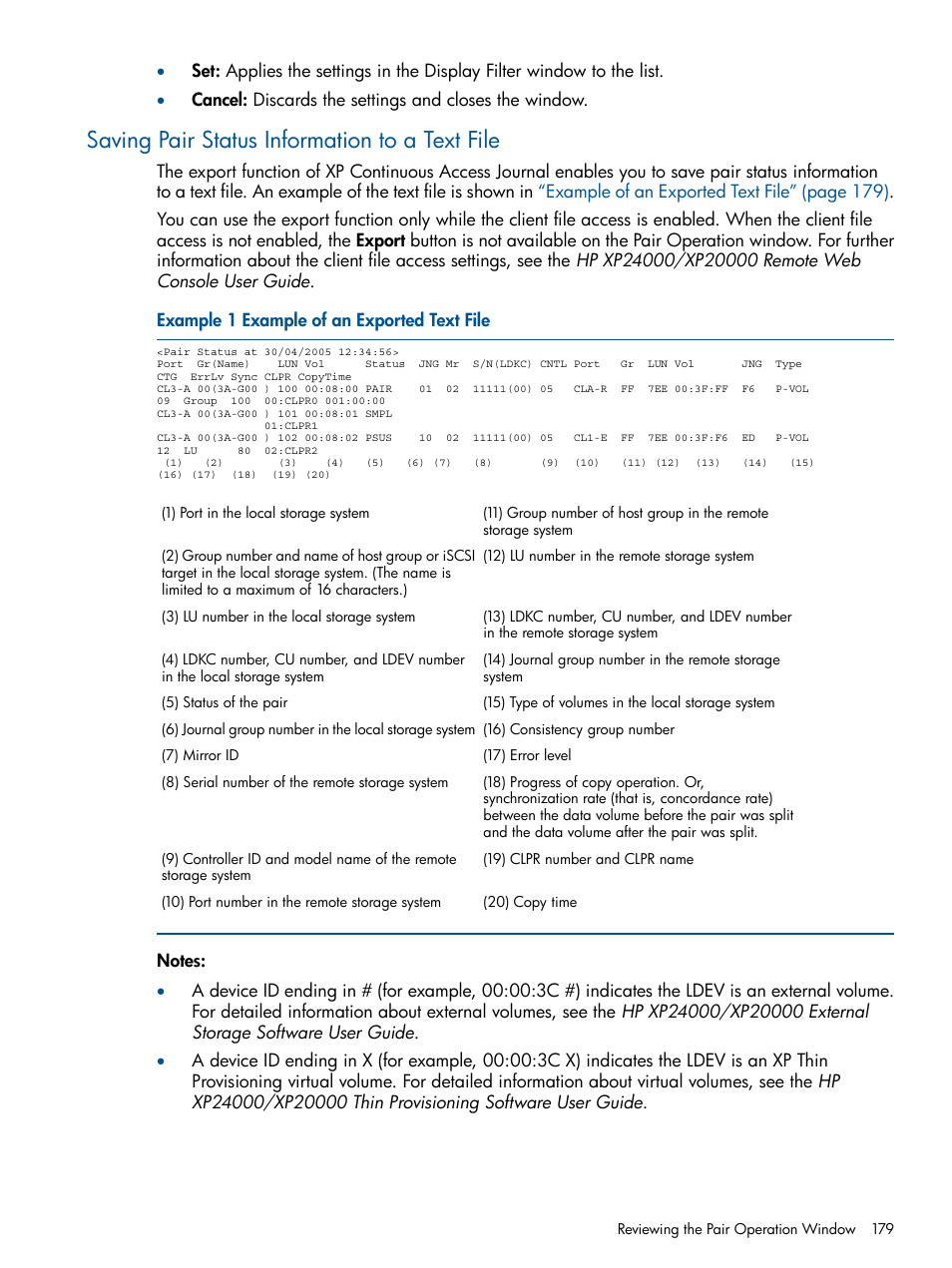 Saving pair status information to a text file, Saving pair status information | HP XP Continuous Access Software User Manual | Page 179 / 245