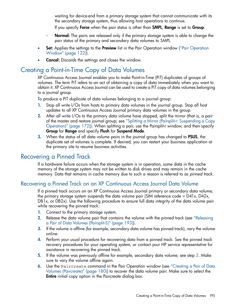 Creating a point-in-time copy of data volumes, Recovering a pinned track | HP XP Continuous Access Software User Manual | Page 195 / 245