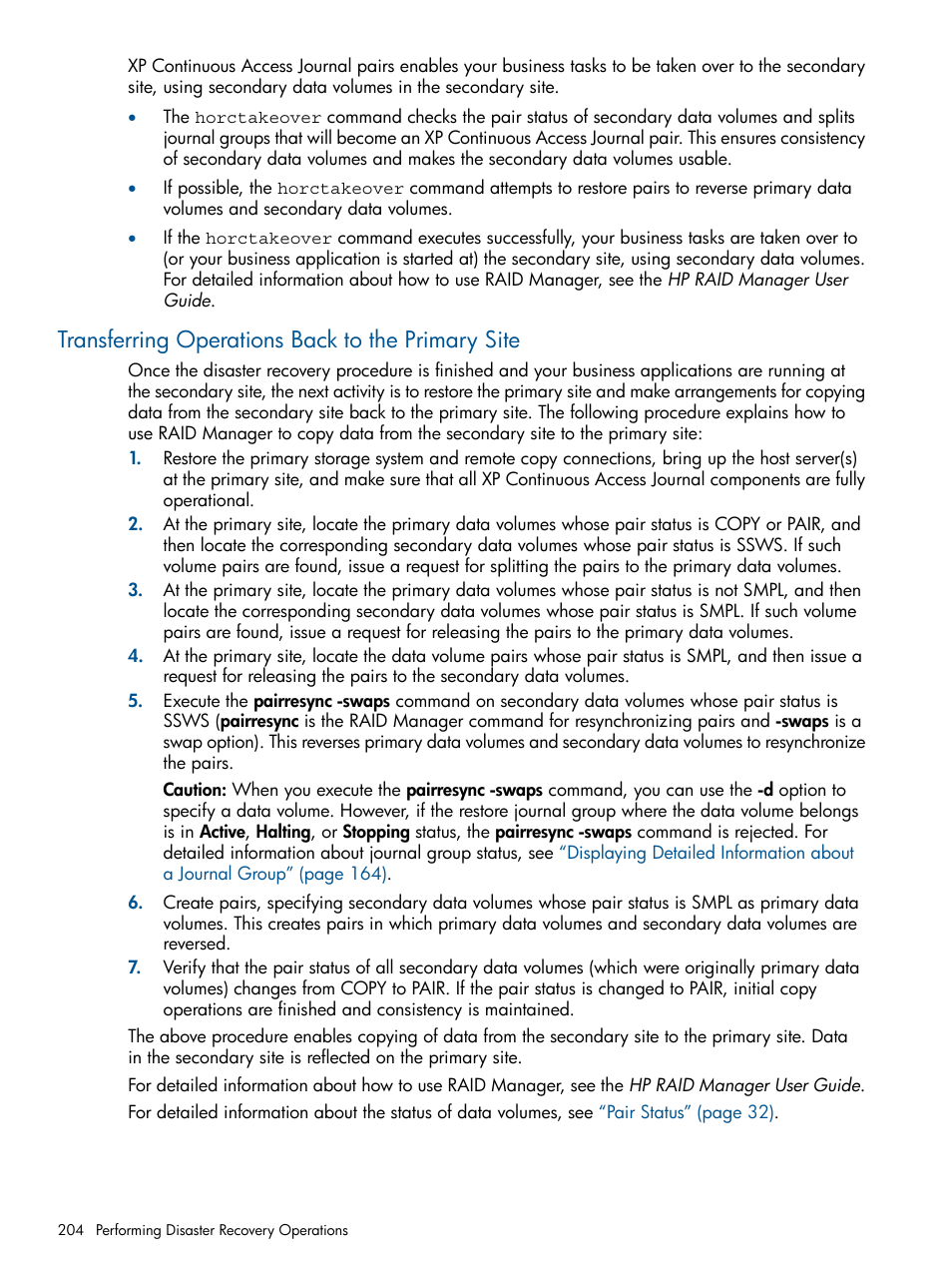 Transferring operations back to the primary site | HP XP Continuous Access Software User Manual | Page 204 / 245