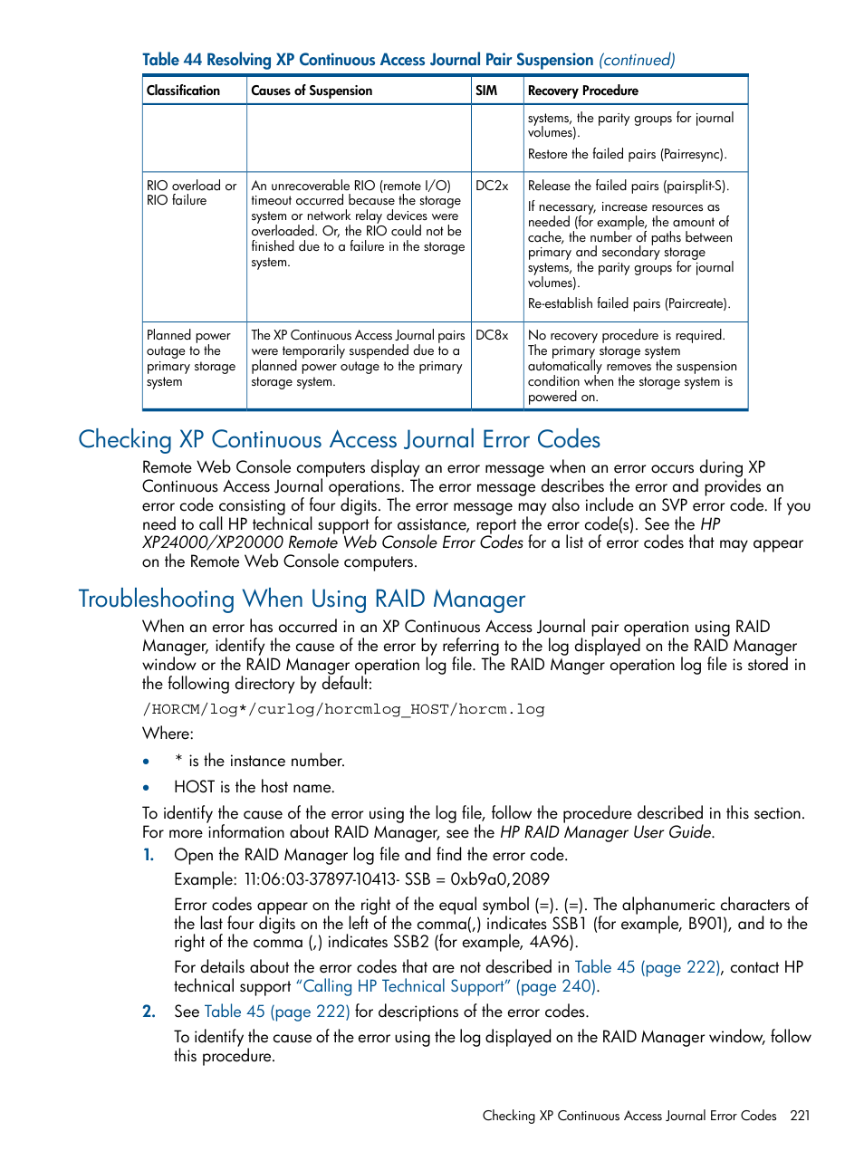 Checking xp continuous access journal error codes, Troubleshooting when using raid manager | HP XP Continuous Access Software User Manual | Page 221 / 245