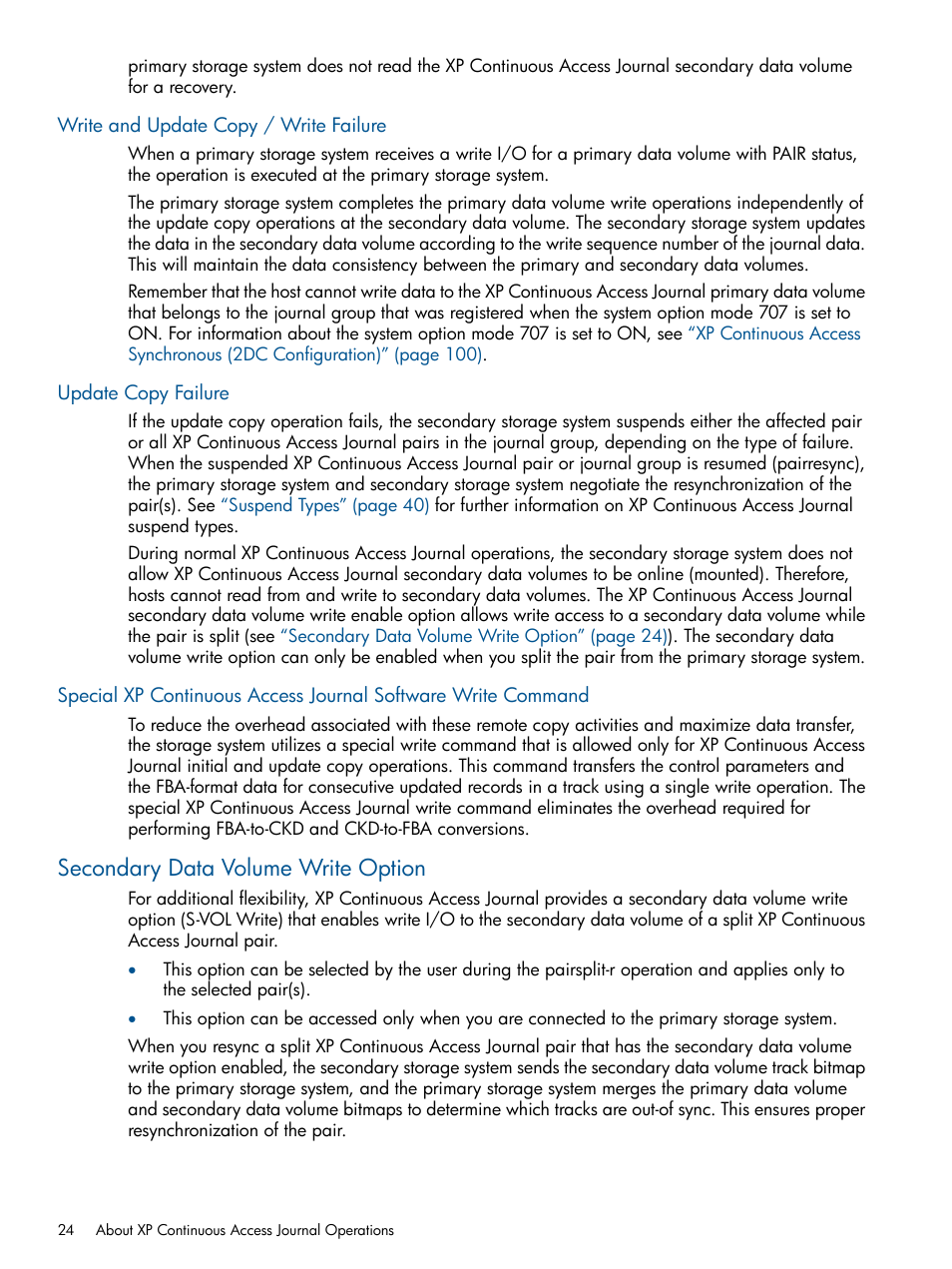 Write and update copy / write failure, Update copy failure, Secondary data volume write option | Secondary data | HP XP Continuous Access Software User Manual | Page 24 / 245