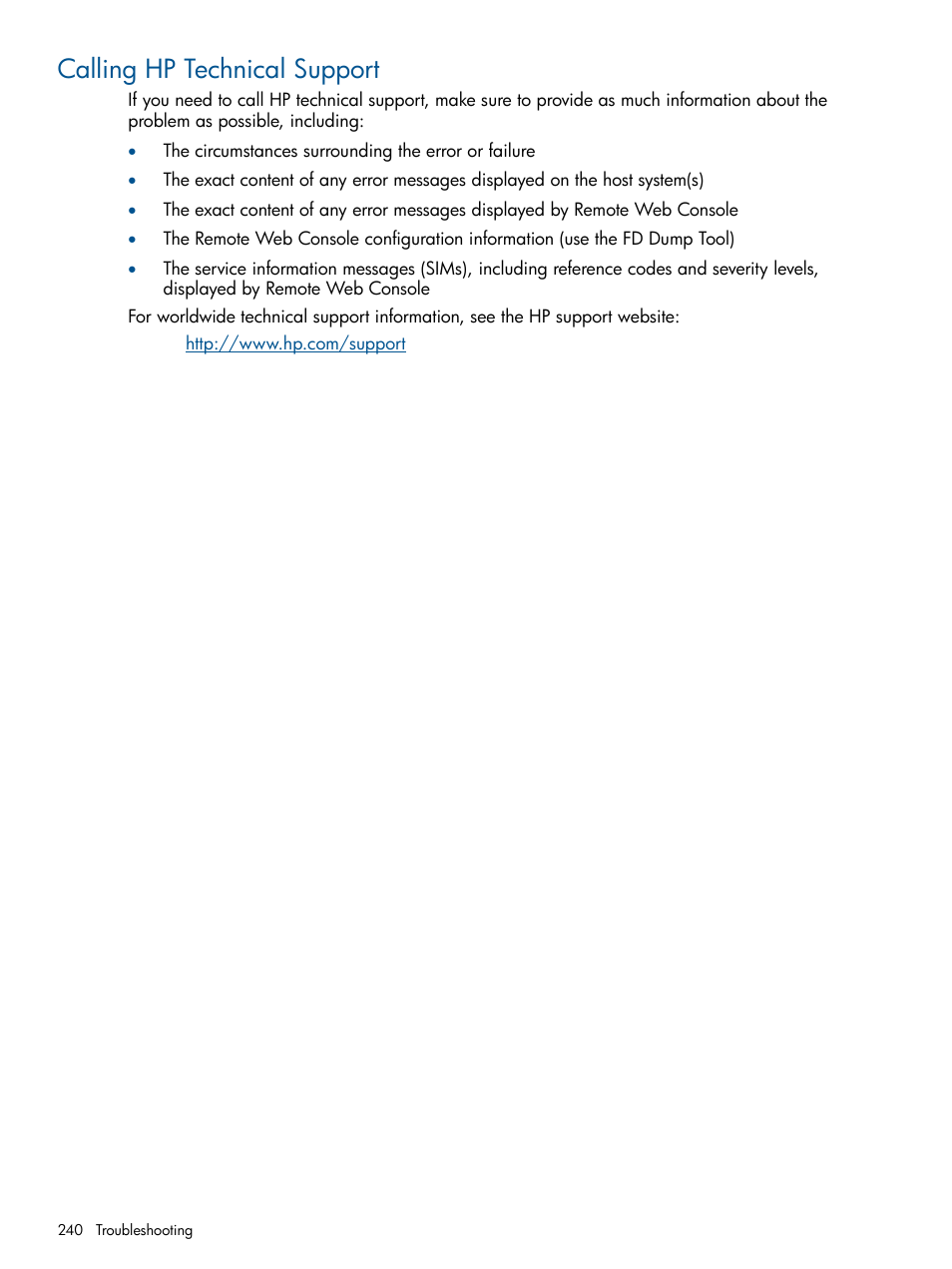 Calling hp technical support | HP XP Continuous Access Software User Manual | Page 240 / 245
