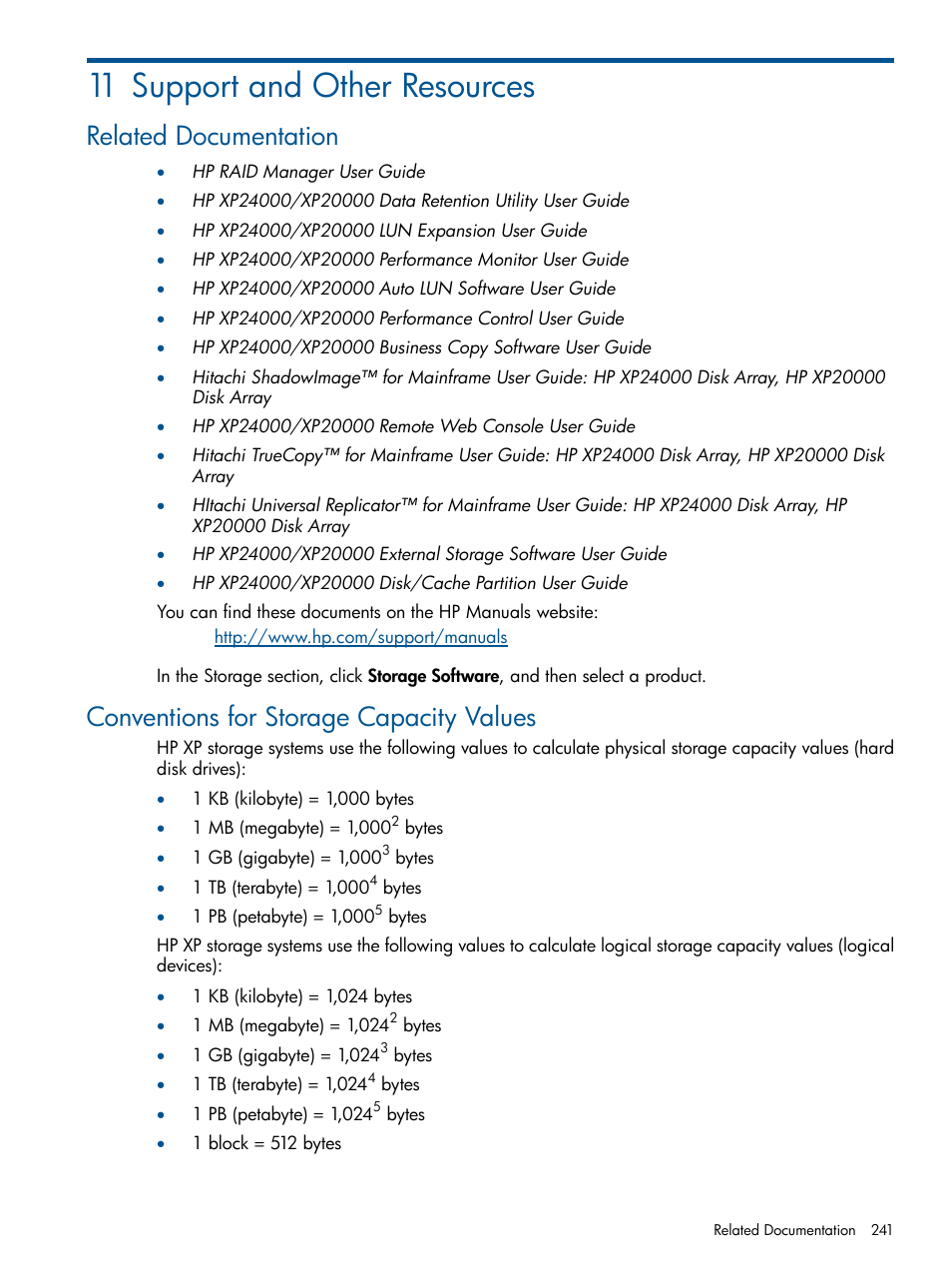 11 support and other resources, Related documentation, Conventions for storage capacity values | HP XP Continuous Access Software User Manual | Page 241 / 245