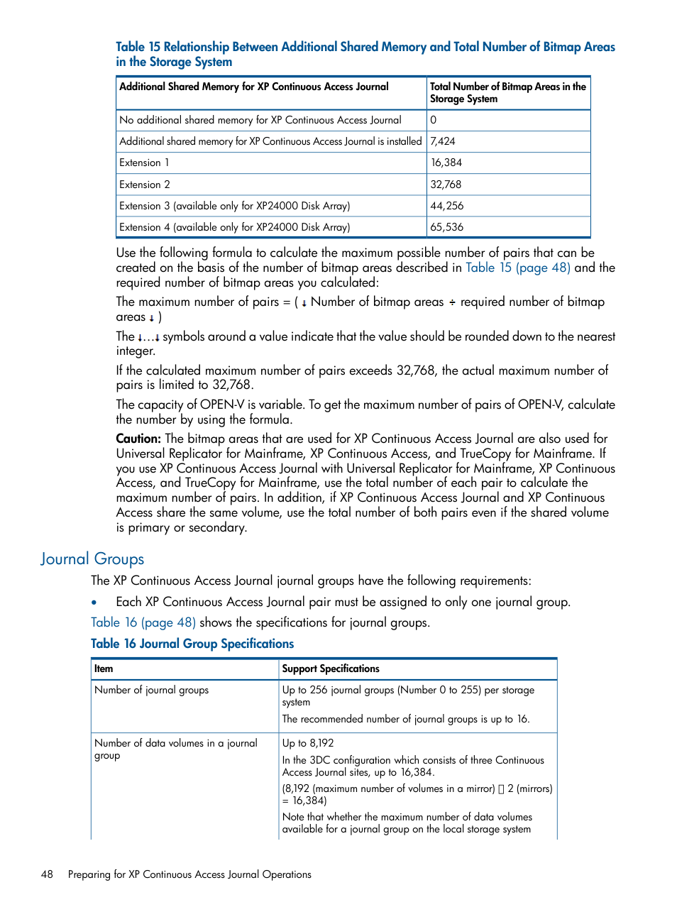 Journal groups, Journal group specifications | HP XP Continuous Access Software User Manual | Page 48 / 245