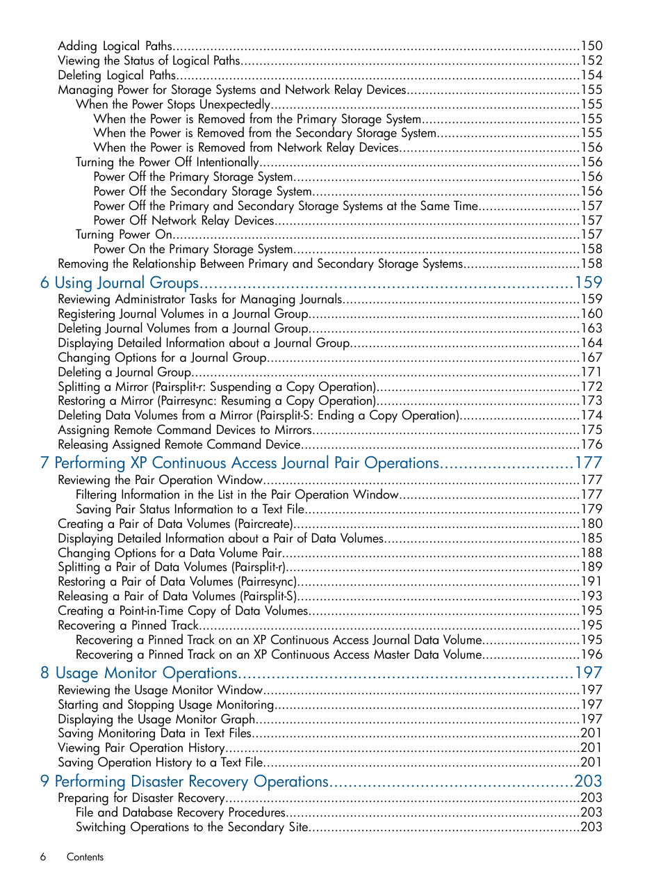 6 using journal groups, 8 usage monitor operations, 9 performing disaster recovery operations | HP XP Continuous Access Software User Manual | Page 6 / 245