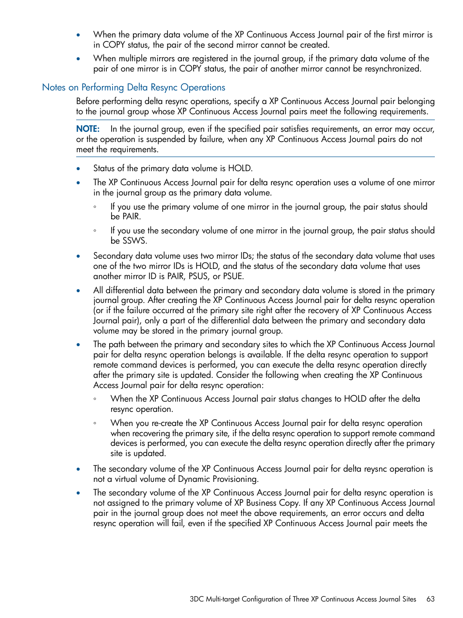 Notes on performing delta resync operations | HP XP Continuous Access Software User Manual | Page 63 / 245