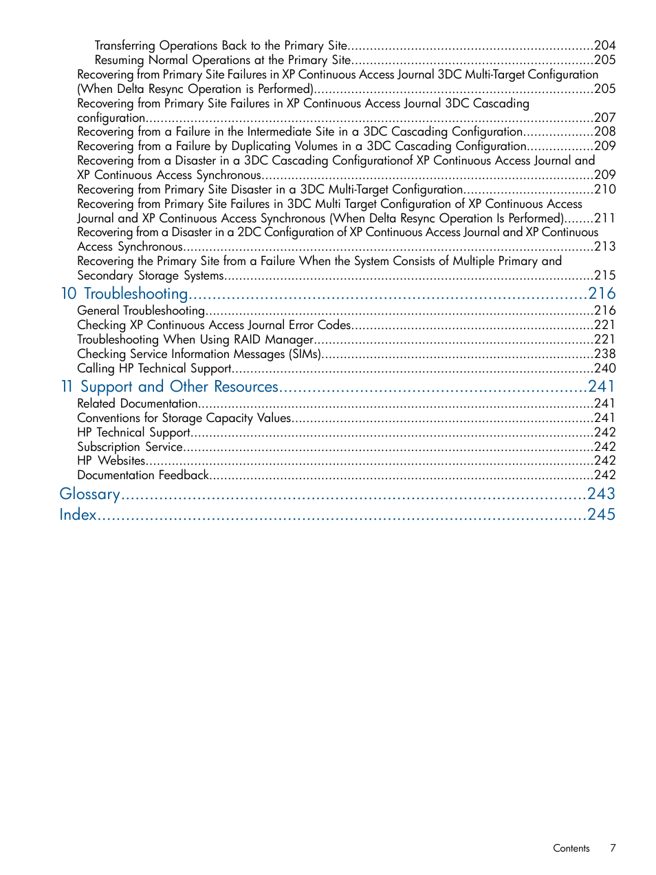 10 troubleshooting, 11 support and other resources, Glossary index | HP XP Continuous Access Software User Manual | Page 7 / 245
