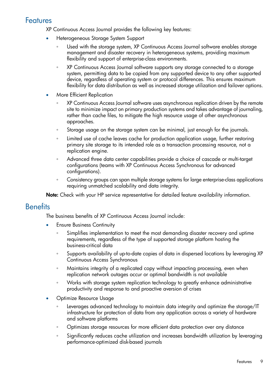 Features, Benefits, Features benefits | HP XP Continuous Access Software User Manual | Page 9 / 245