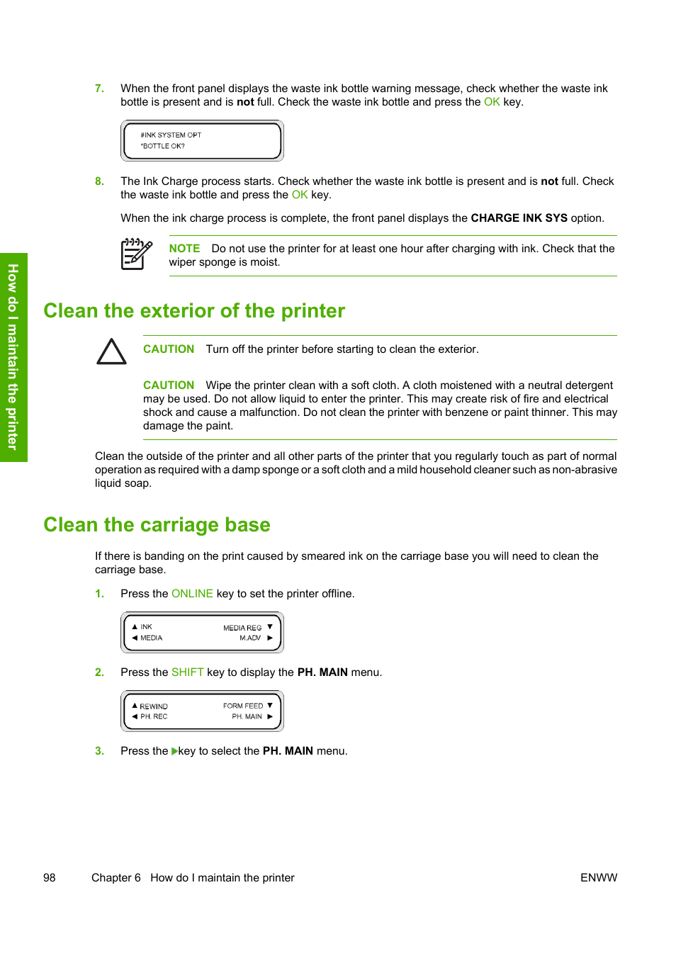 Clean the exterior of the printer, Clean the carriage base | HP Designjet 8000 Printer series User Manual | Page 108 / 230