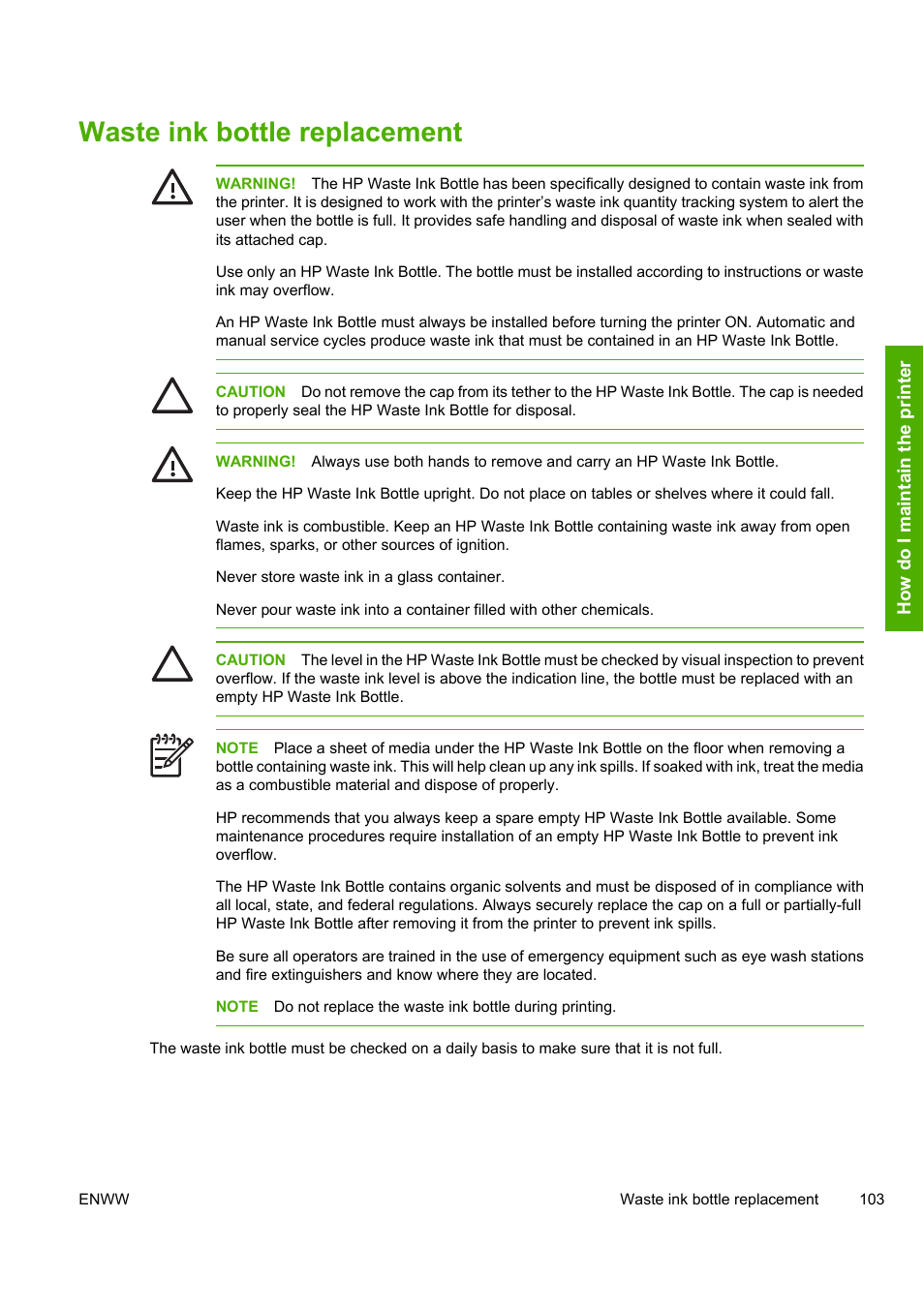 Waste ink bottle replacement | HP Designjet 8000 Printer series User Manual | Page 113 / 230