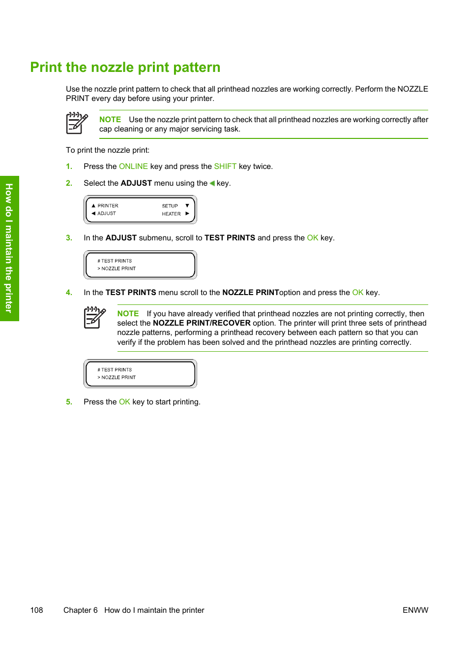 Print the nozzle print pattern | HP Designjet 8000 Printer series User Manual | Page 118 / 230