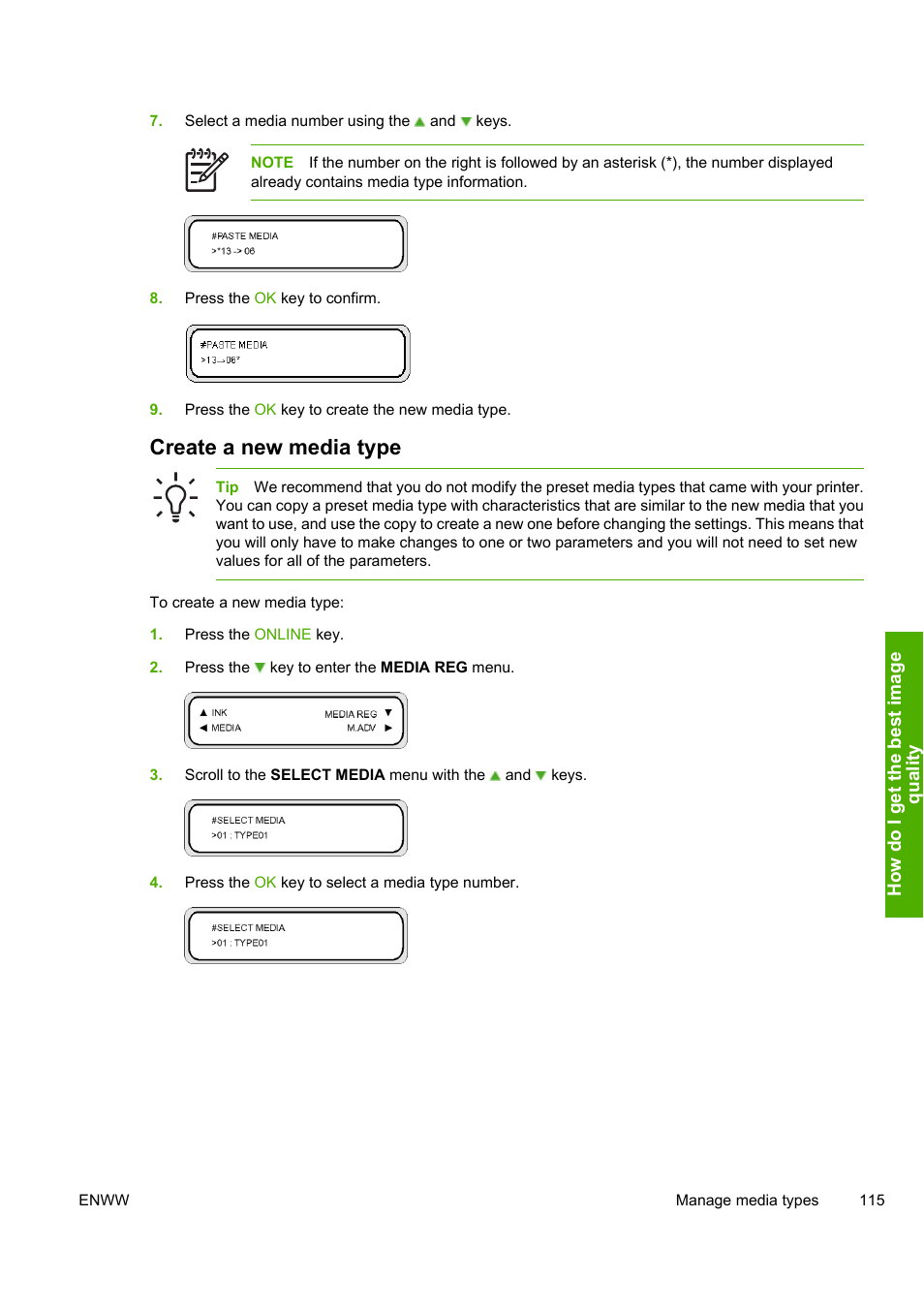 Create a new media type | HP Designjet 8000 Printer series User Manual | Page 125 / 230