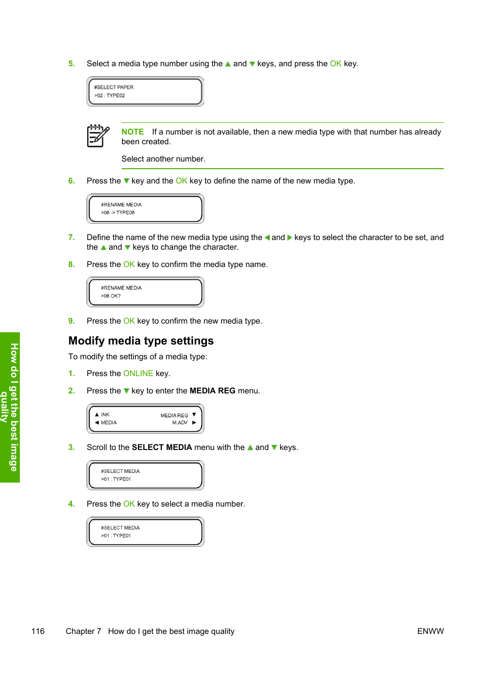 Modify media type settings | HP Designjet 8000 Printer series User Manual | Page 126 / 230