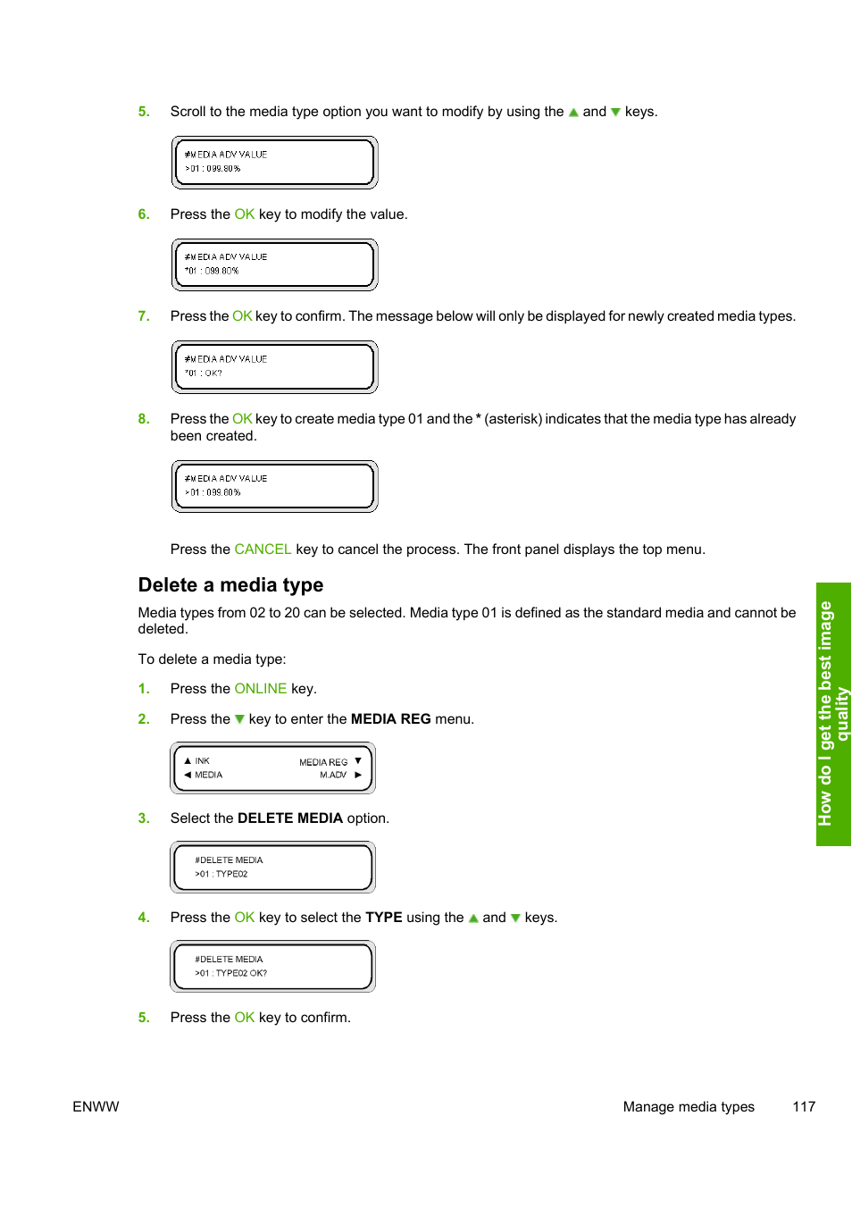 Delete a media type | HP Designjet 8000 Printer series User Manual | Page 127 / 230