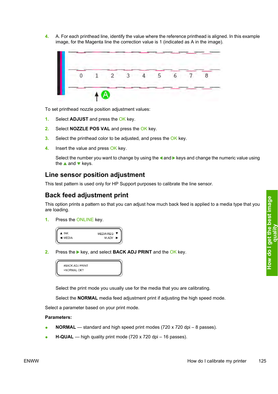 Line sensor position adjustment, Back feed adjustment print | HP Designjet 8000 Printer series User Manual | Page 135 / 230