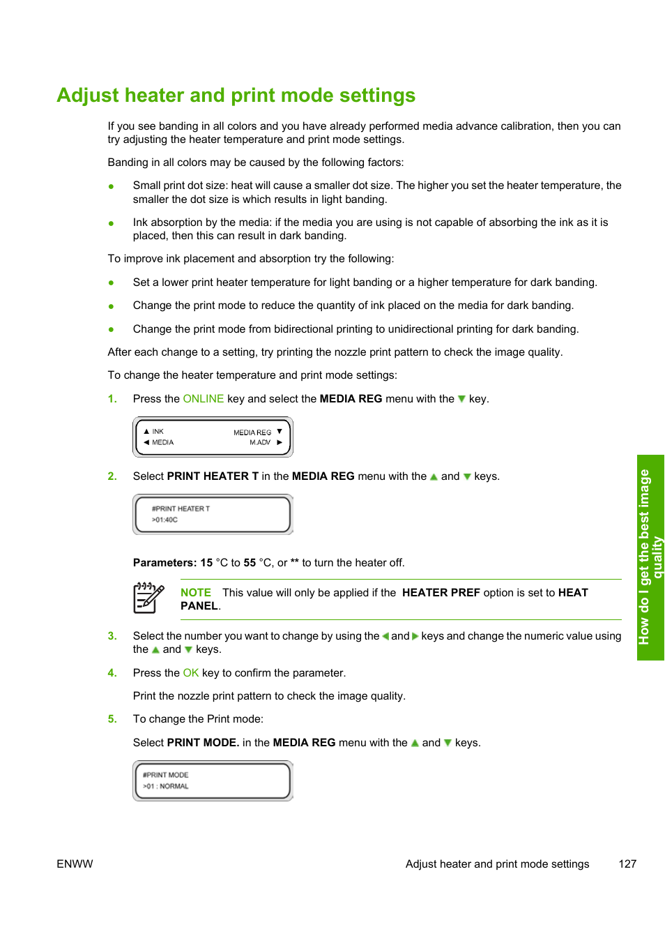 Adjust heater and print mode settings | HP Designjet 8000 Printer series User Manual | Page 137 / 230