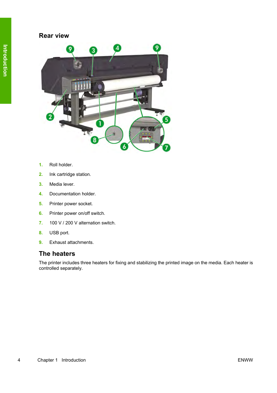 Rear view, The heaters | HP Designjet 8000 Printer series User Manual | Page 14 / 230