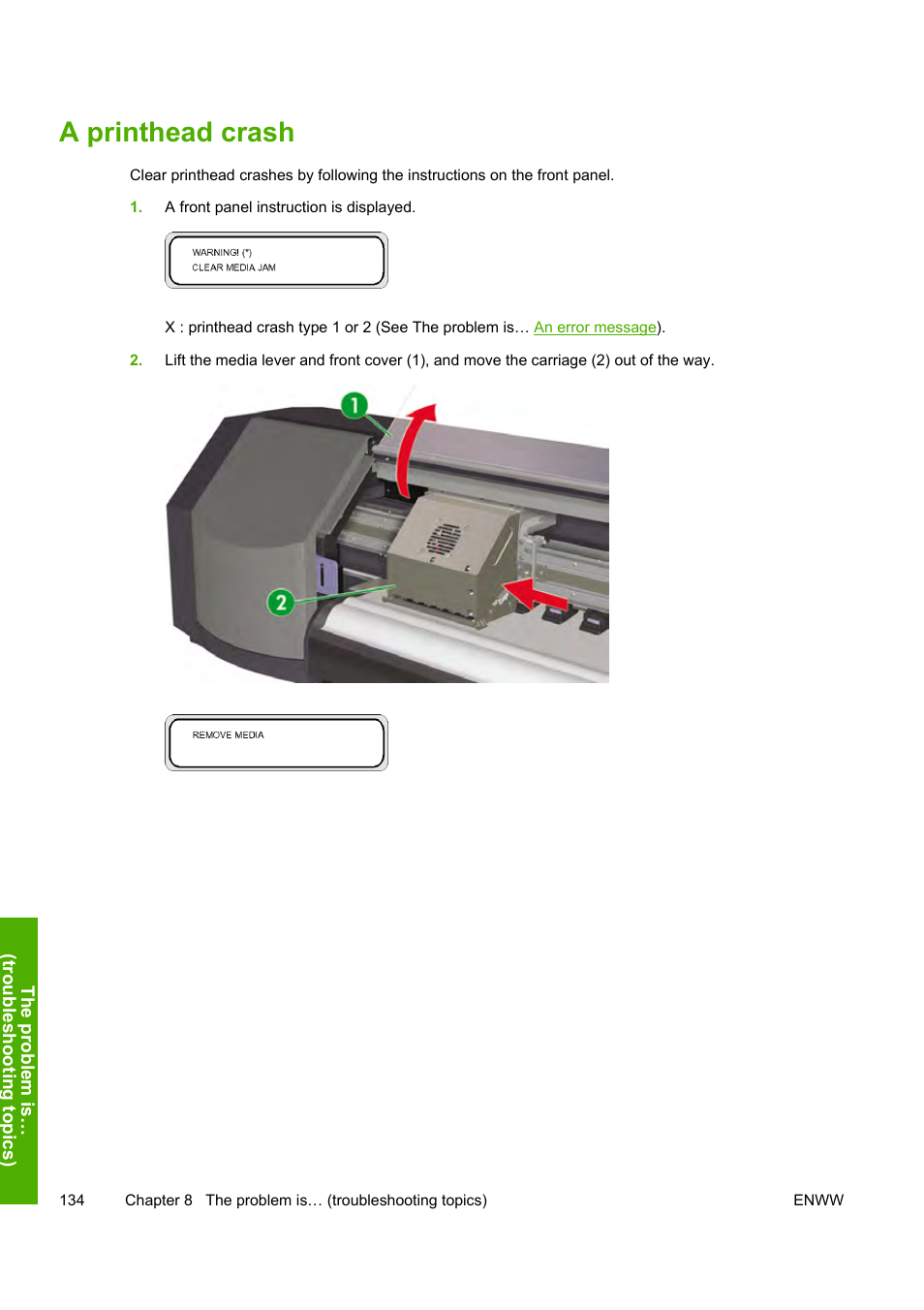 A printhead crash | HP Designjet 8000 Printer series User Manual | Page 144 / 230