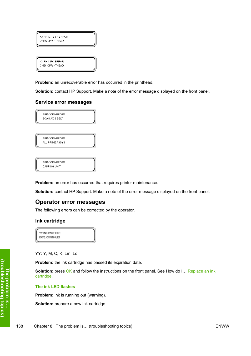 Operator error messages | HP Designjet 8000 Printer series User Manual | Page 148 / 230