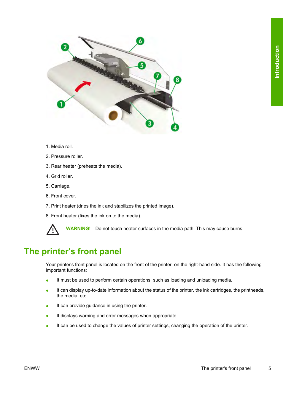 The printer's front panel | HP Designjet 8000 Printer series User Manual | Page 15 / 230