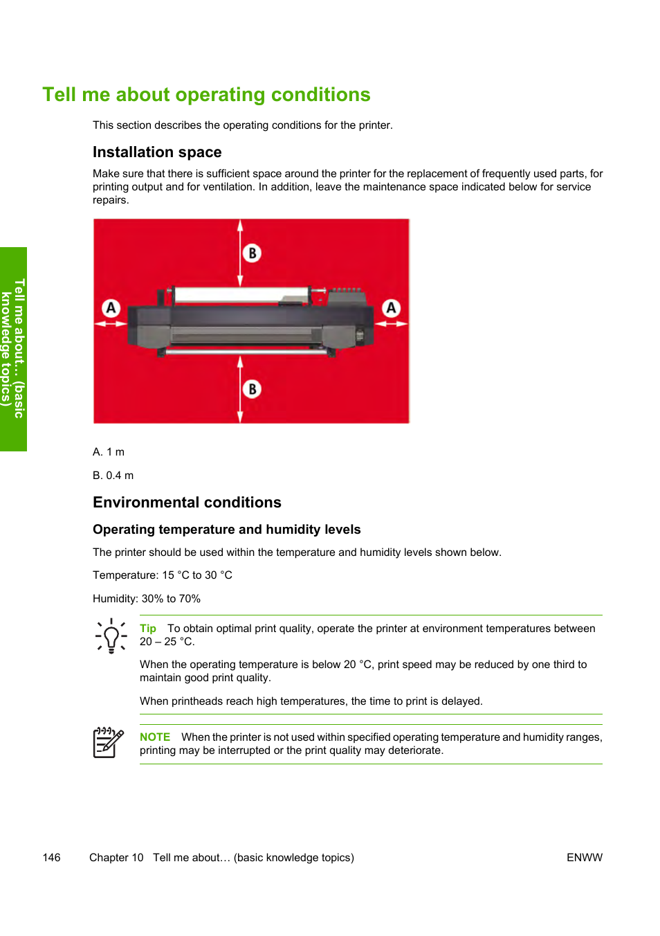 Tell me about operating conditions, Installation space, Environmental conditions | HP Designjet 8000 Printer series User Manual | Page 156 / 230