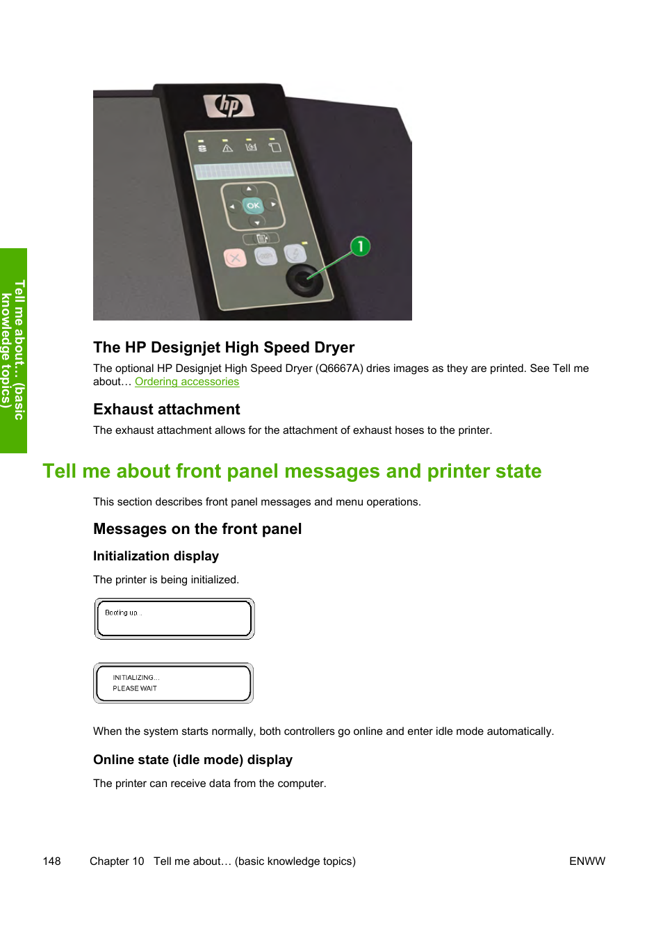 The hp designjet high speed dryer, Exhaust attachment, Messages on the front panel | HP Designjet 8000 Printer series User Manual | Page 158 / 230