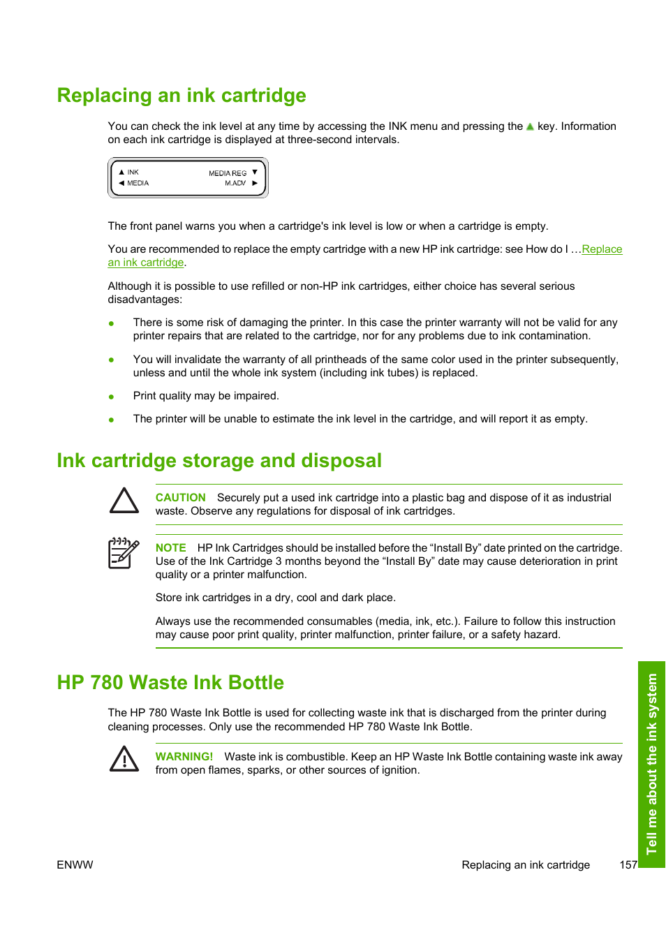 Replacing an ink cartridge, Ink cartridge storage and disposal, Hp 780 waste ink bottle | HP Designjet 8000 Printer series User Manual | Page 167 / 230