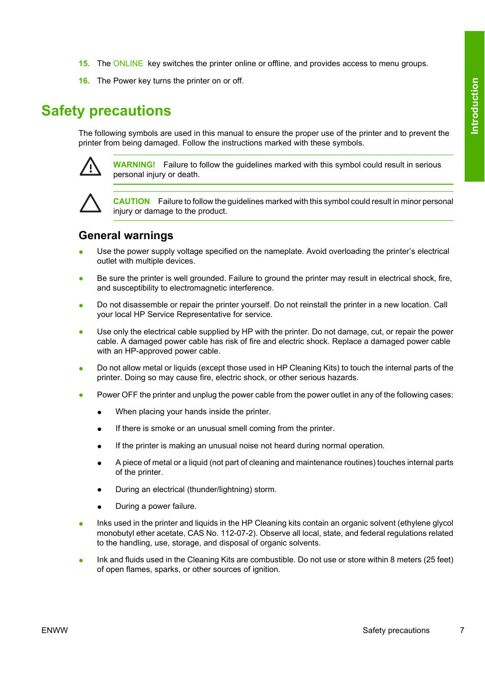 Safety precautions, General warnings | HP Designjet 8000 Printer series User Manual | Page 17 / 230
