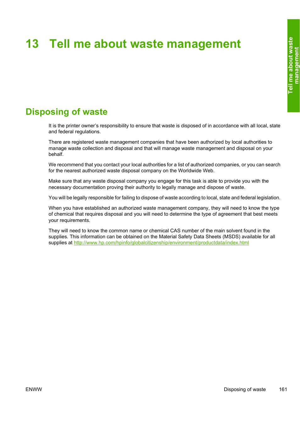 13 tell me about waste management, Disposing of waste | HP Designjet 8000 Printer series User Manual | Page 171 / 230