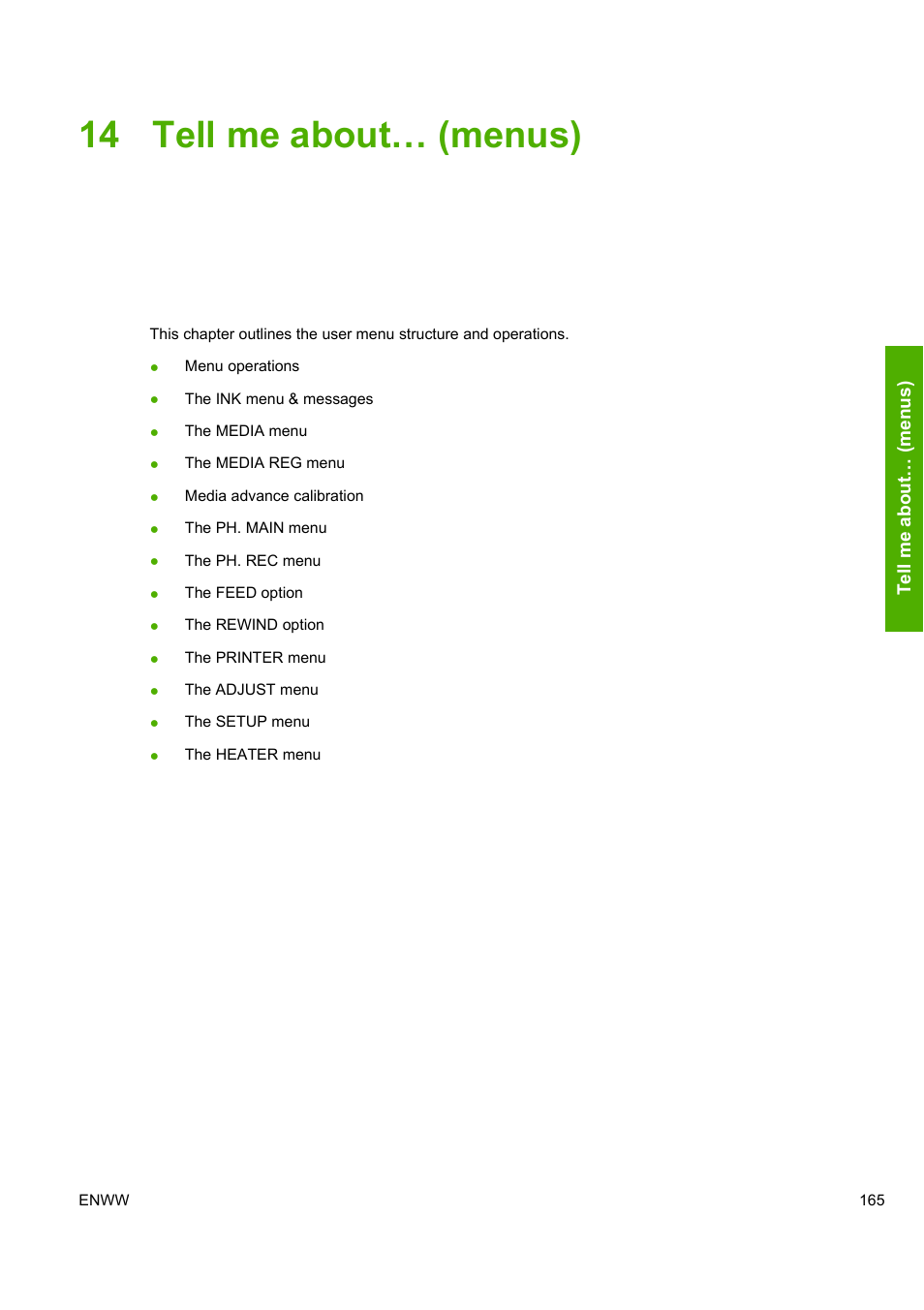 14 tell me about… (menus) | HP Designjet 8000 Printer series User Manual | Page 175 / 230