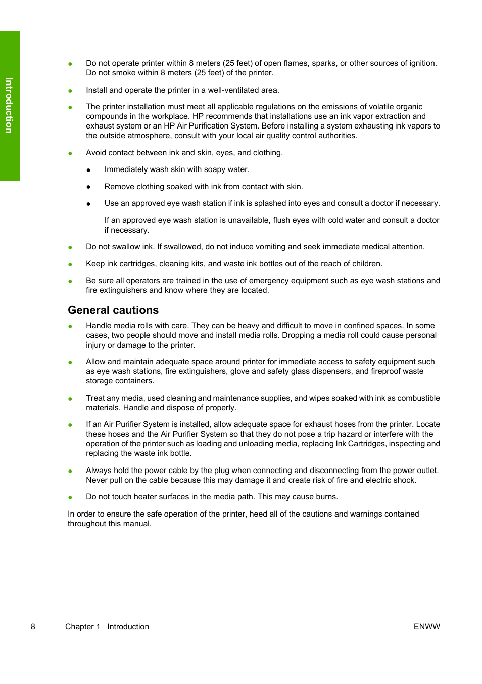 General cautions, Int rod uct ion | HP Designjet 8000 Printer series User Manual | Page 18 / 230