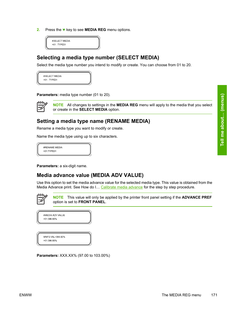 Selecting a media type number (select media), Setting a media type name (rename media), Media advance value (media adv value) | HP Designjet 8000 Printer series User Manual | Page 181 / 230