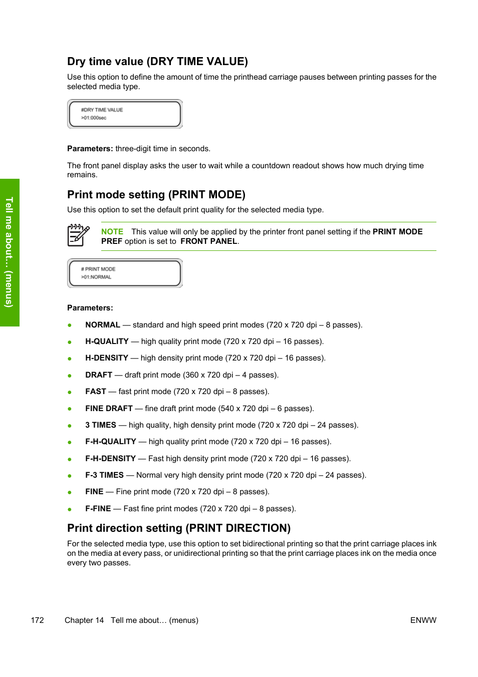 Dry time value (dry time value), Print mode setting (print mode), Print direction setting (print direction) | HP Designjet 8000 Printer series User Manual | Page 182 / 230