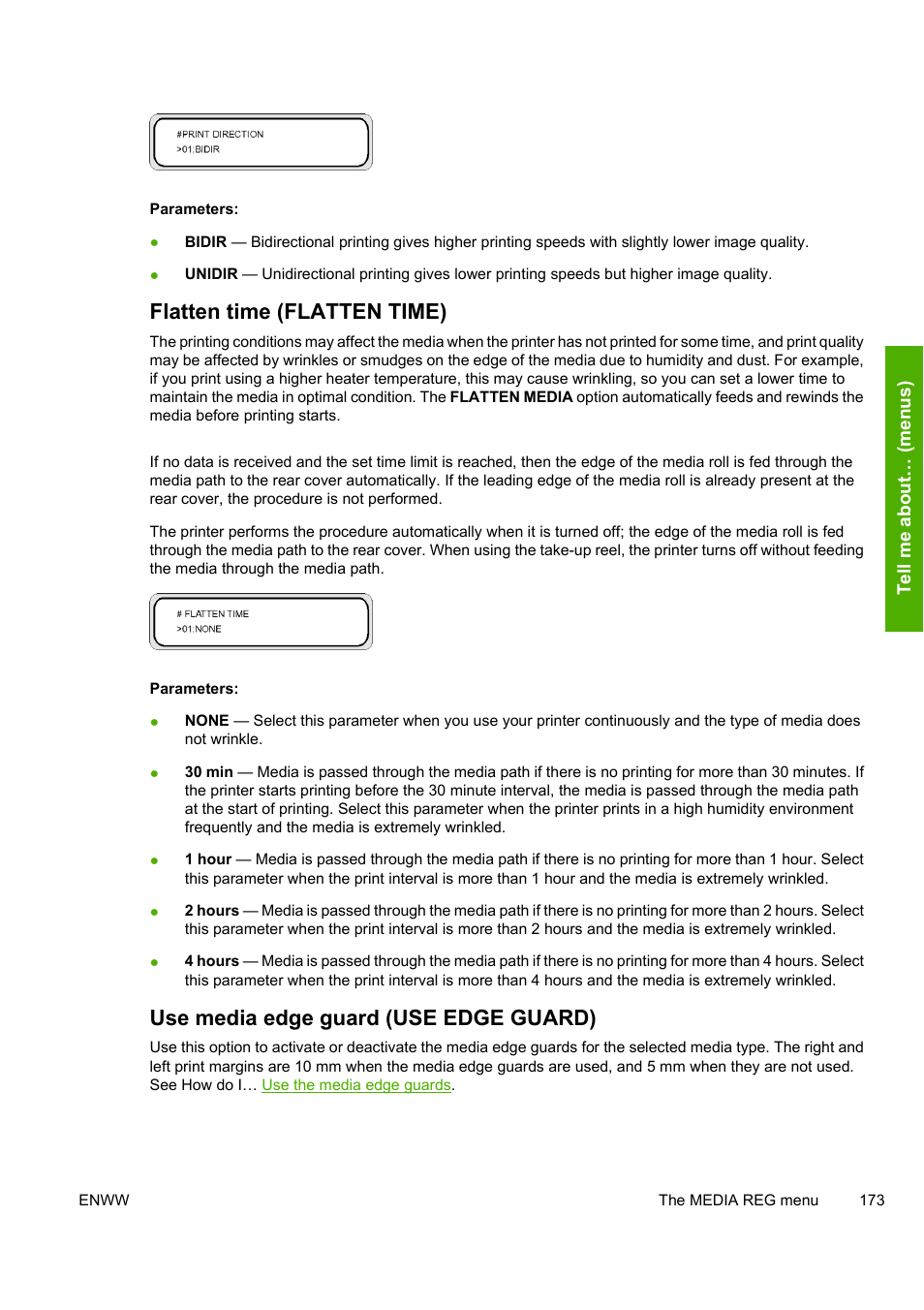 Flatten time (flatten time), Use media edge guard (use edge guard) | HP Designjet 8000 Printer series User Manual | Page 183 / 230