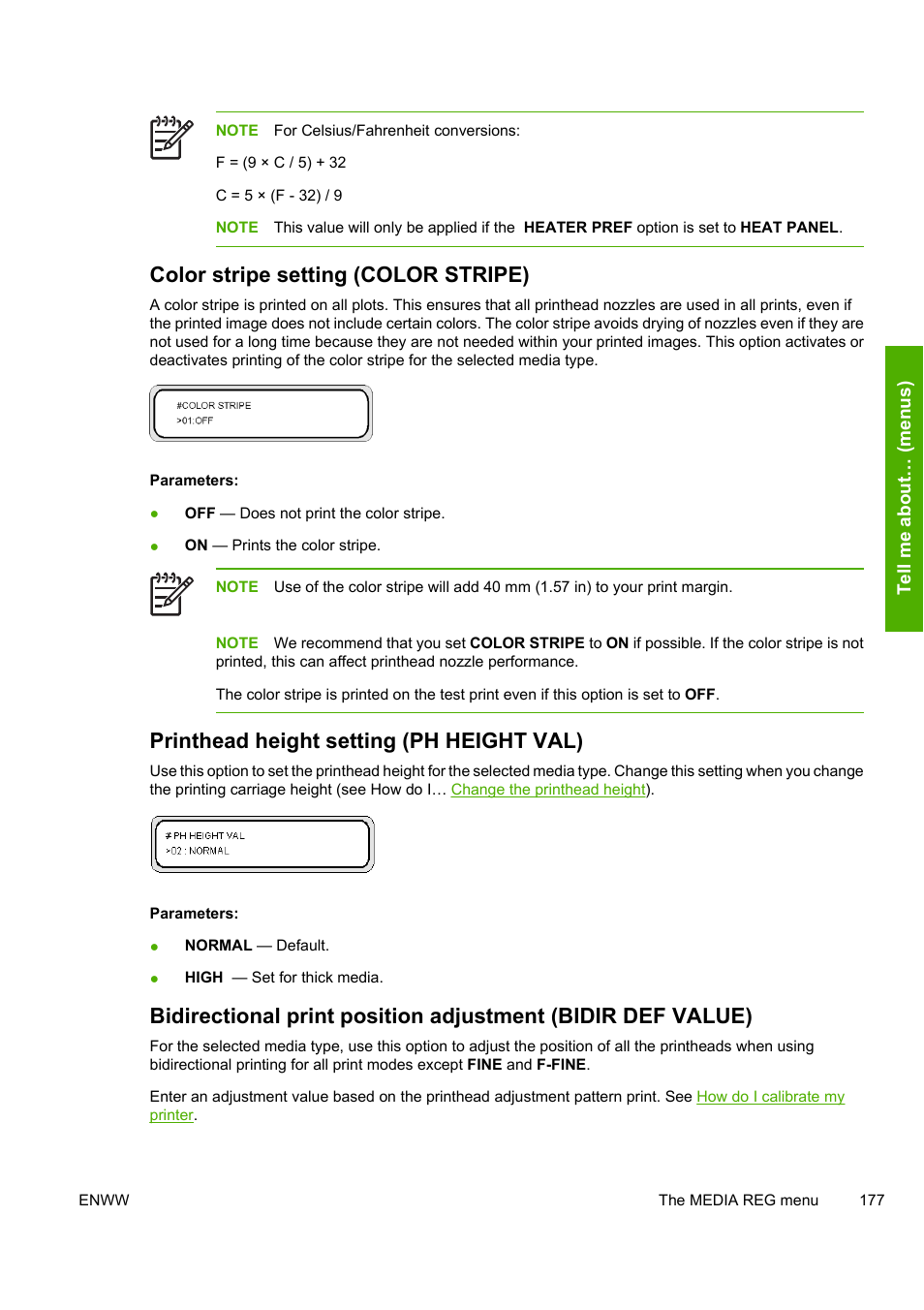 Color stripe setting (color stripe), Printhead height setting (ph height val) | HP Designjet 8000 Printer series User Manual | Page 187 / 230