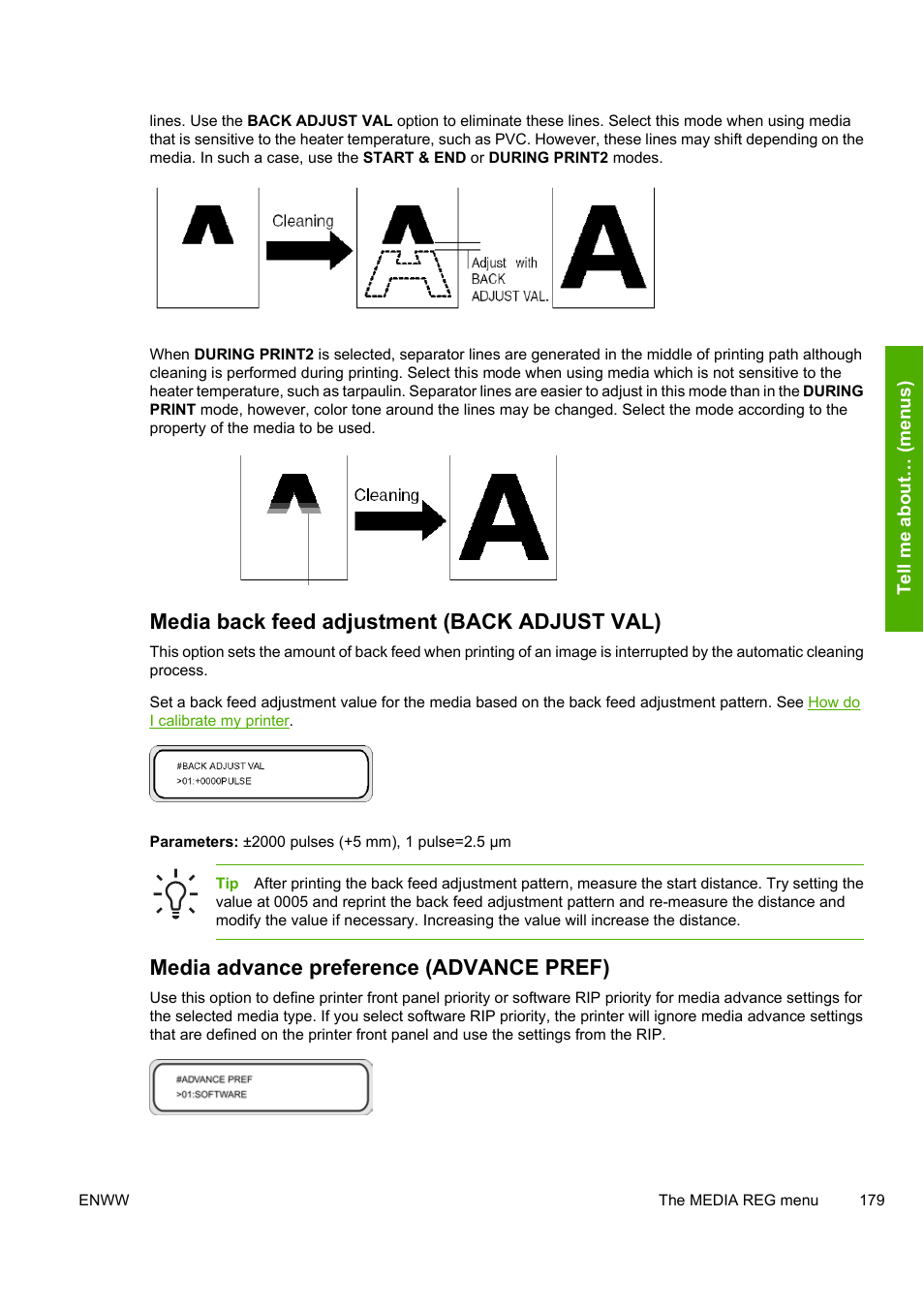 Media back feed adjustment (back adjust val), Media advance preference (advance pref) | HP Designjet 8000 Printer series User Manual | Page 189 / 230