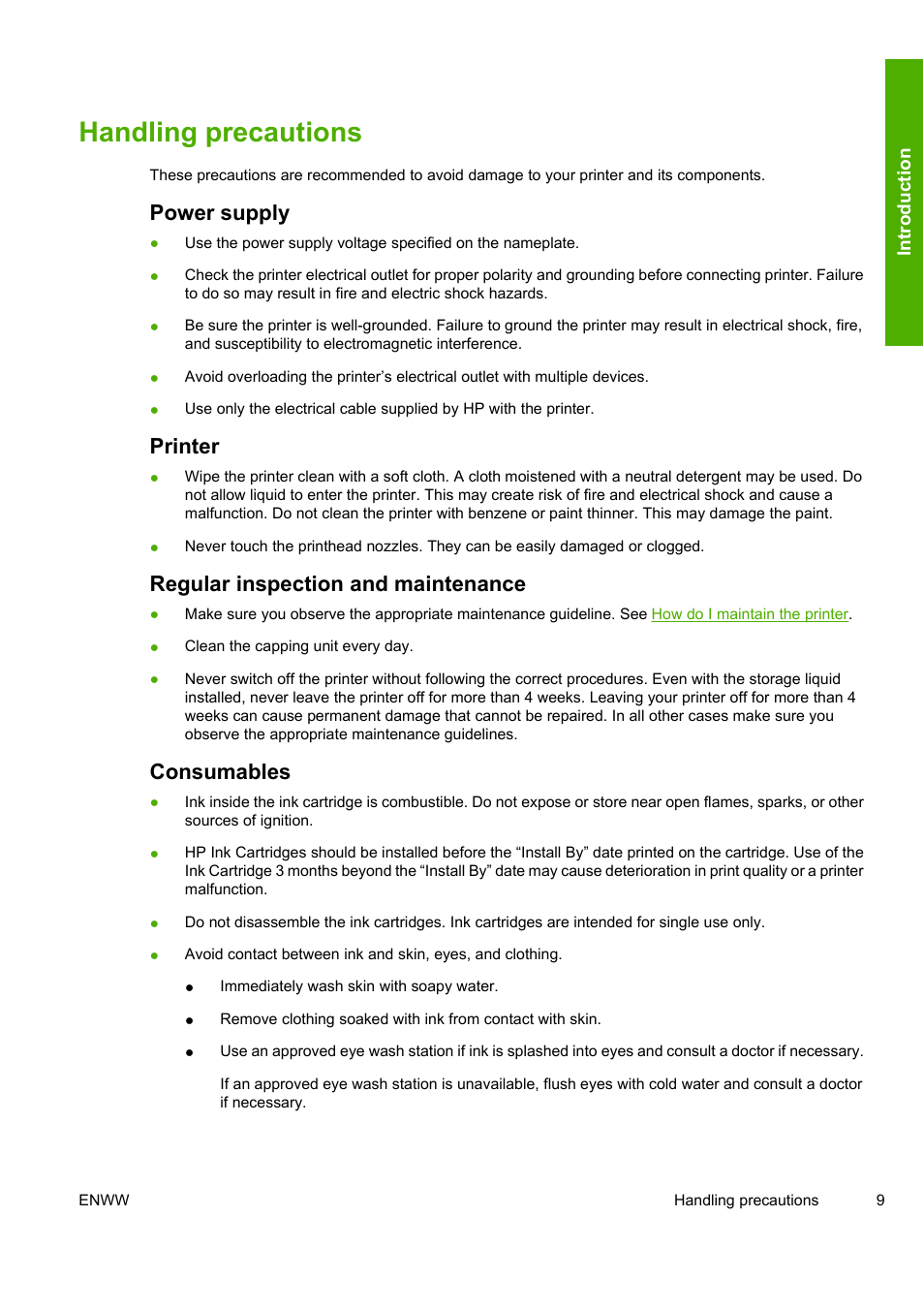 Handling precautions, Power supply, Printer | Regular inspection and maintenance, Consumables | HP Designjet 8000 Printer series User Manual | Page 19 / 230