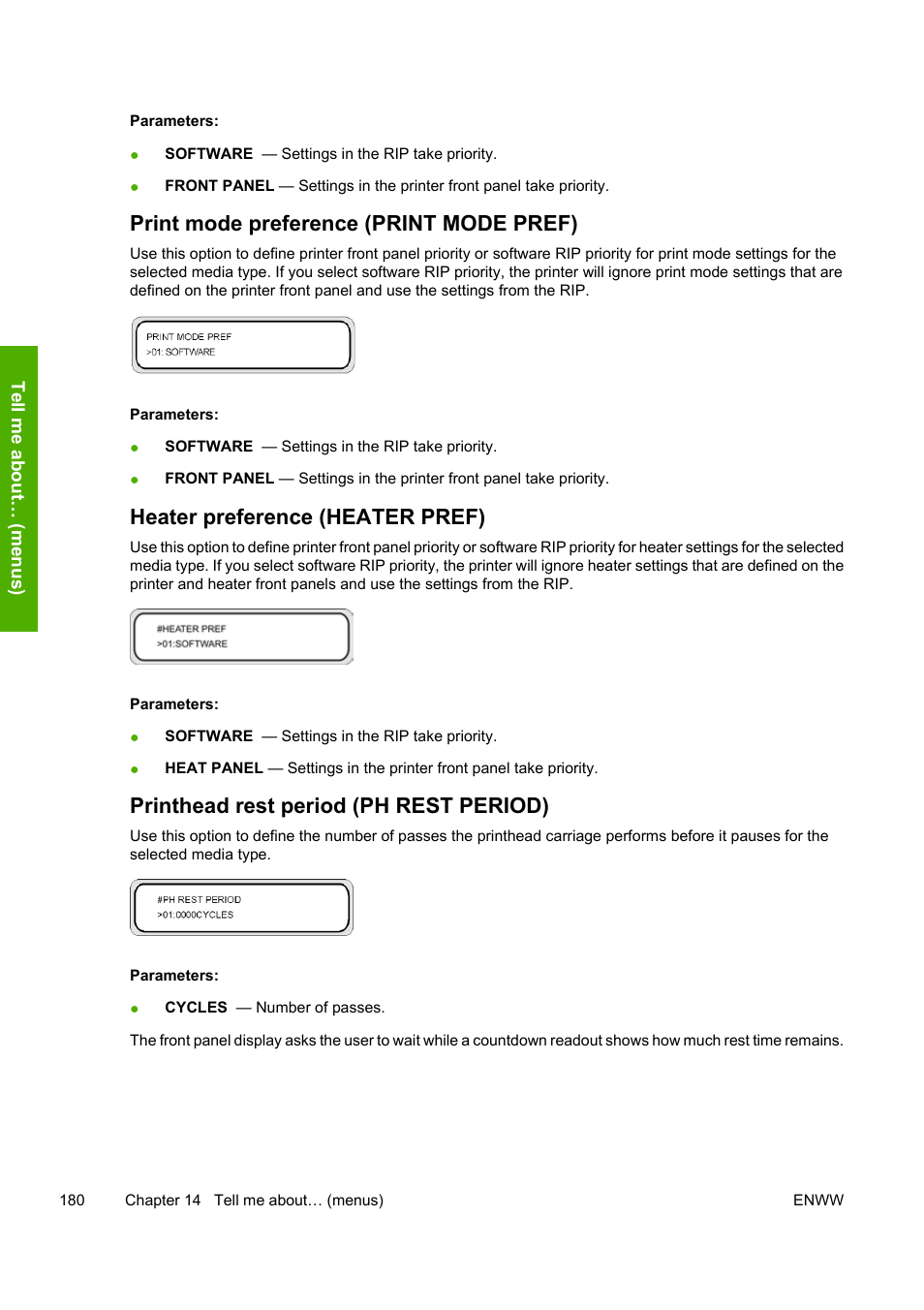 Print mode preference (print mode pref), Heater preference (heater pref), Printhead rest period (ph rest period) | HP Designjet 8000 Printer series User Manual | Page 190 / 230
