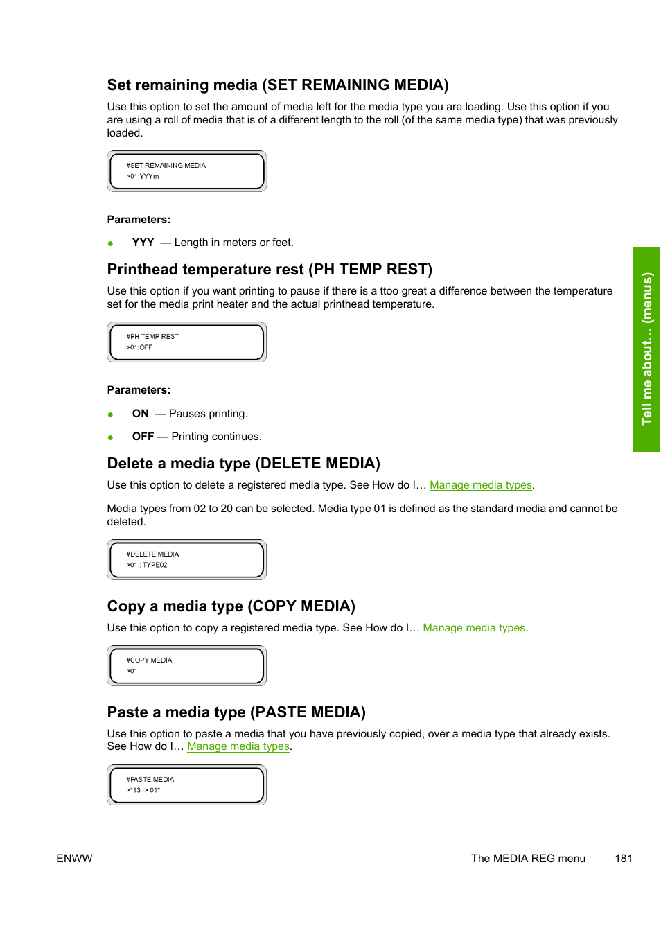 Set remaining media (set remaining media), Printhead temperature rest (ph temp rest), Delete a media type (delete media) | Copy a media type (copy media), Paste a media type (paste media) | HP Designjet 8000 Printer series User Manual | Page 191 / 230