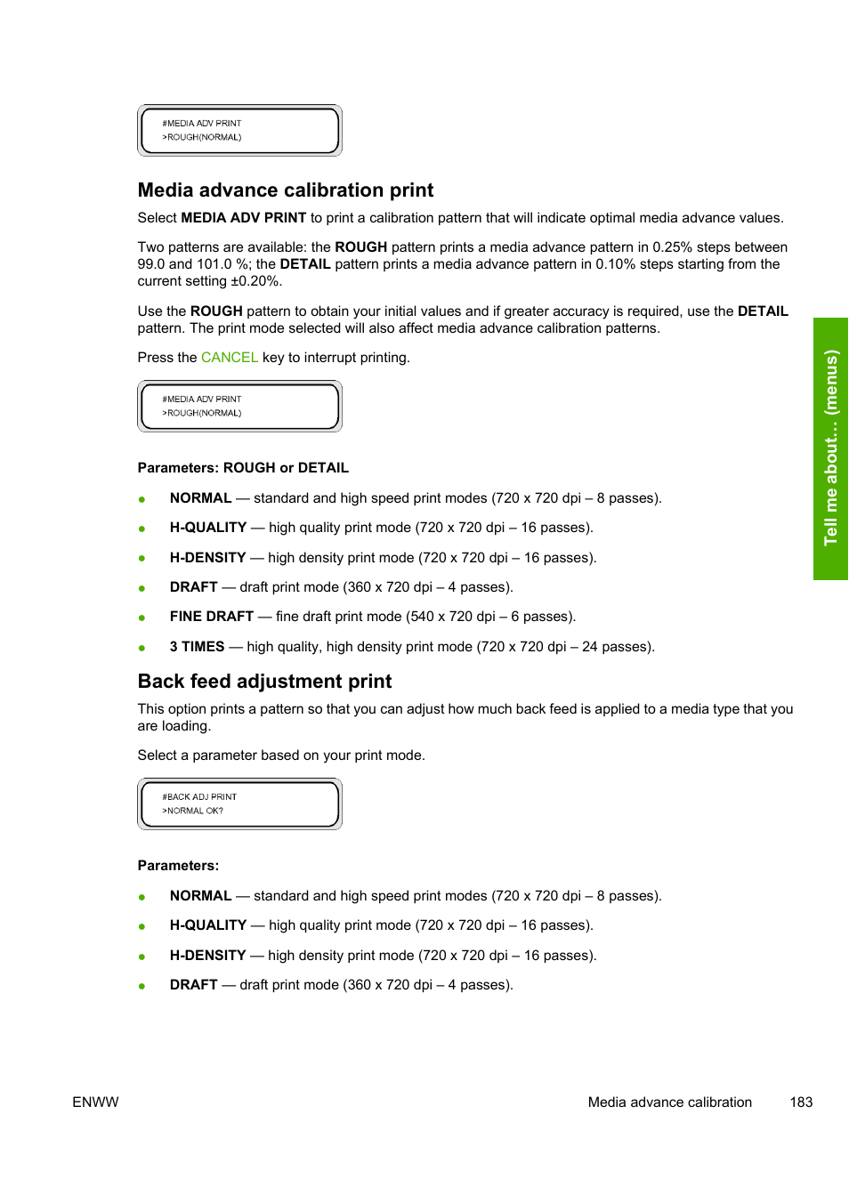 Media advance calibration print, Back feed adjustment print | HP Designjet 8000 Printer series User Manual | Page 193 / 230