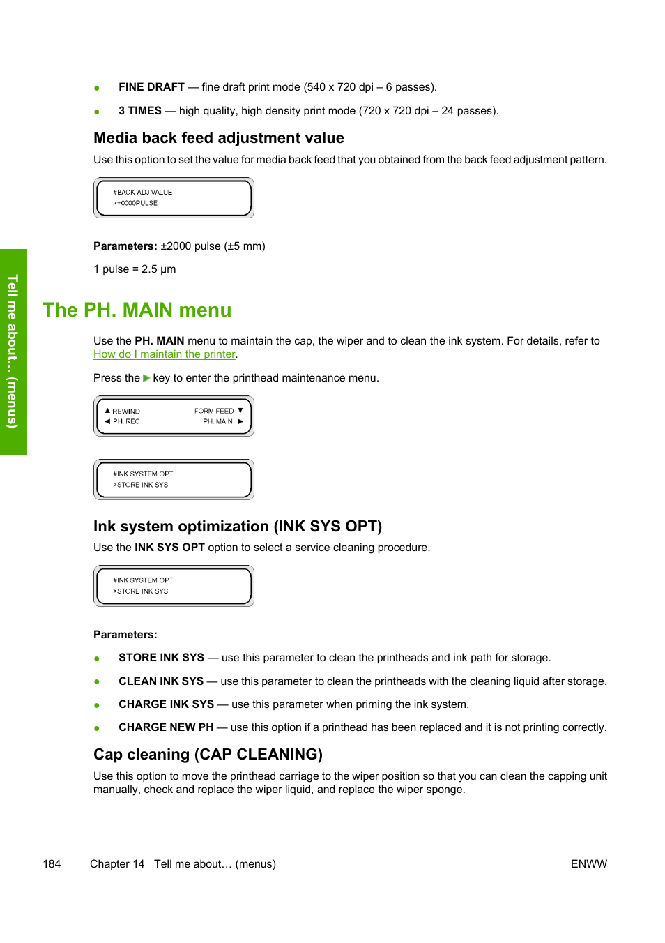 The ph. main menu, Media back feed adjustment value, Ink system optimization (ink sys opt) | Cap cleaning (cap cleaning) | HP Designjet 8000 Printer series User Manual | Page 194 / 230