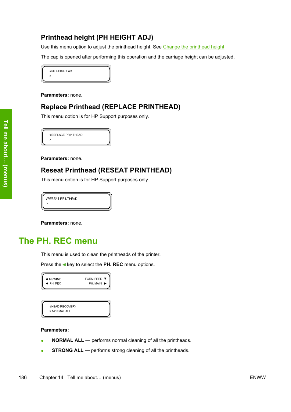 The ph. rec menu, Printhead height (ph height adj), Replace printhead (replace printhead) | Reseat printhead (reseat printhead) | HP Designjet 8000 Printer series User Manual | Page 196 / 230