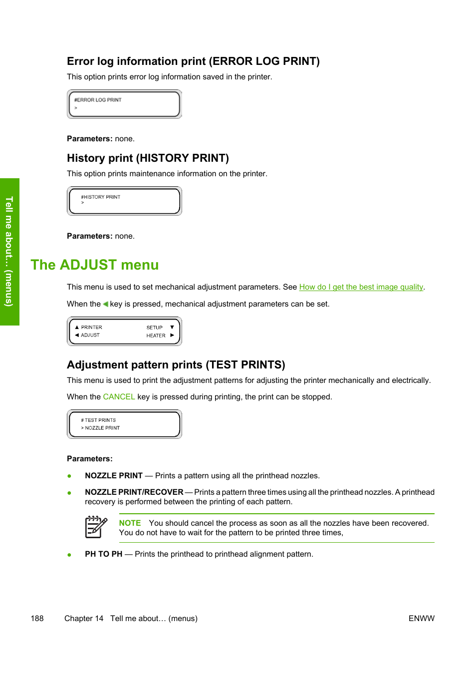 The adjust menu, Error log information print (error log print), History print (history print) | Adjustment pattern prints (test prints) | HP Designjet 8000 Printer series User Manual | Page 198 / 230