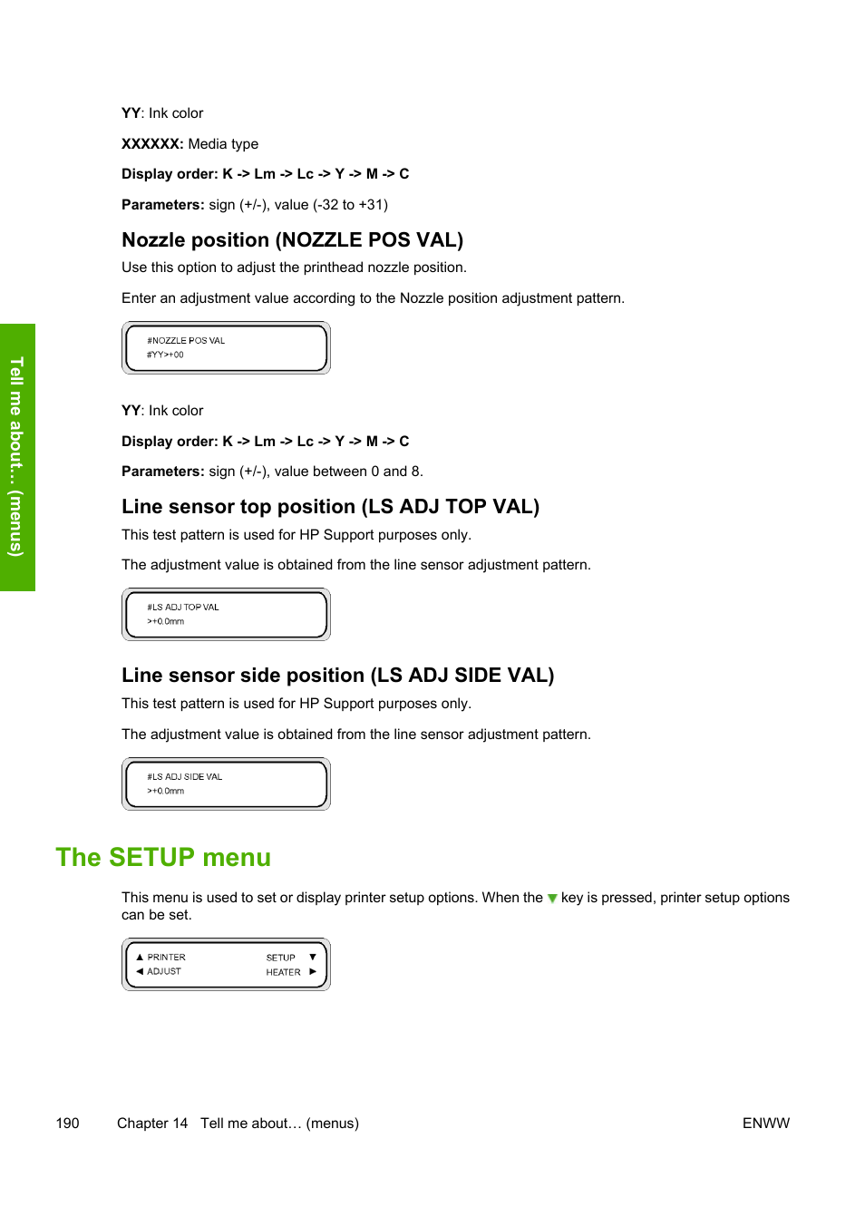 The setup menu, Nozzle position (nozzle pos val), Line sensor top position (ls adj top val) | Line sensor side position (ls adj side val) | HP Designjet 8000 Printer series User Manual | Page 200 / 230