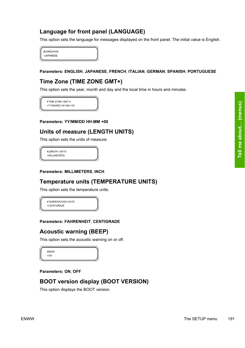 Language for front panel (language), Time zone (time zone gmt+), Units of measure (length units) | Temperature units (temperature units), Acoustic warning (beep), Boot version display (boot version) | HP Designjet 8000 Printer series User Manual | Page 201 / 230