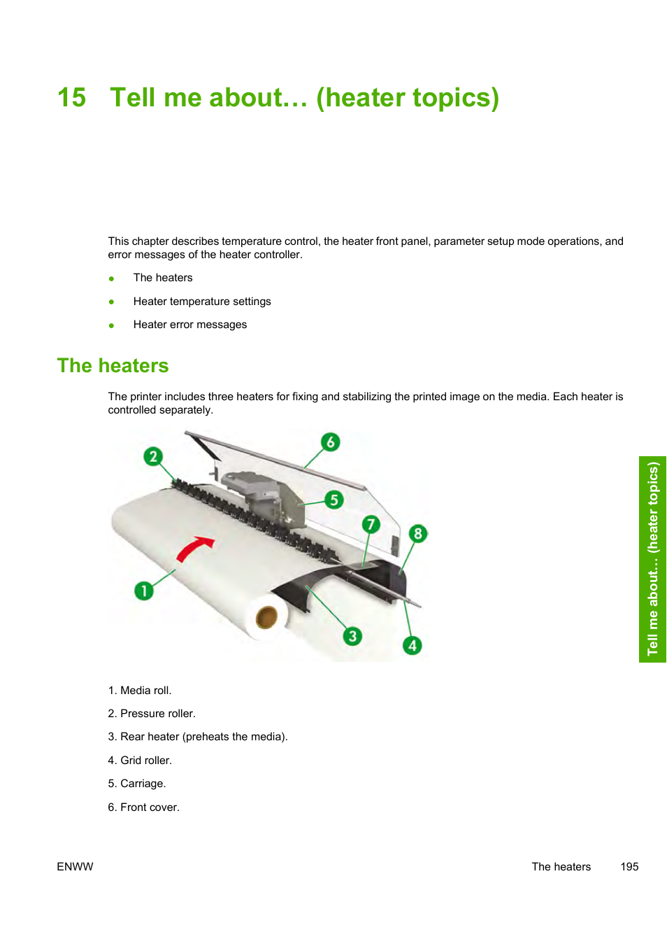 15 tell me about… (heater topics), The heaters | HP Designjet 8000 Printer series User Manual | Page 205 / 230