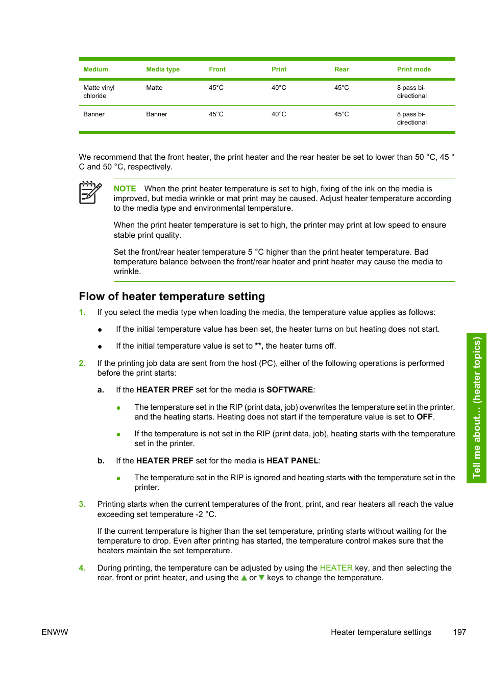 Flow of heater temperature setting, Tell me about … (heater topic s) | HP Designjet 8000 Printer series User Manual | Page 207 / 230