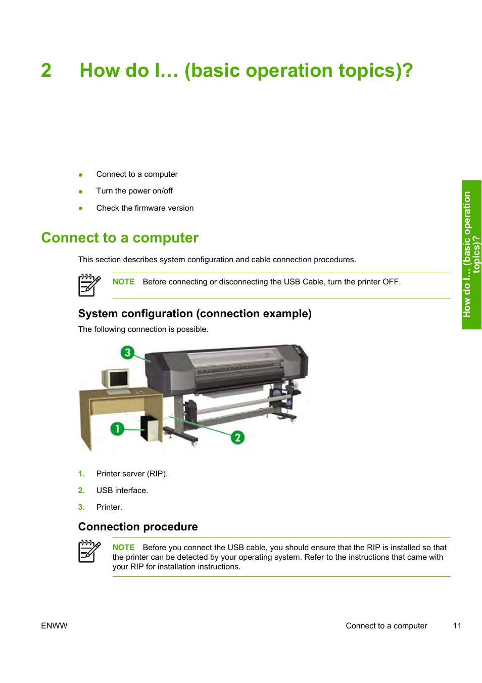 2how do i… (basic operation topics), Connect to a computer, System configuration (connection example) | Connection procedure | HP Designjet 8000 Printer series User Manual | Page 21 / 230