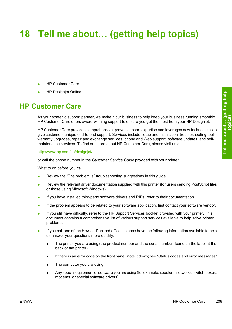 18 tell me about… (getting help topics), Hp customer care | HP Designjet 8000 Printer series User Manual | Page 219 / 230